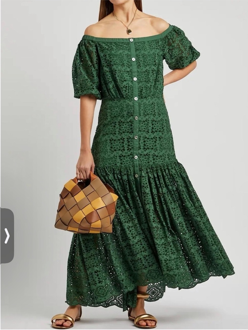 Veronica Beard Green Eyelet Off-Shoulder Maxi Dress